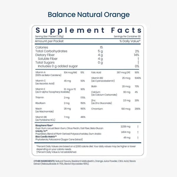 Unicity Balance Fiber Supplement | Supports Healthy Glucose Response & Fullness | Pre-Meal Soluble Fiber Drink Mix | Natural Orange | 30 Stick Packs