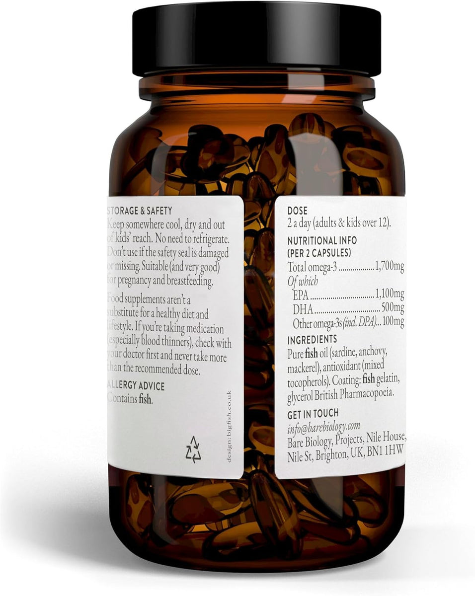 Bare Biology 1,700mg Omega-3 Super-Strength Fish Oil - Life & Soul Daily Omega 3 Capsules (1 Month Supply - 60 Capsules)