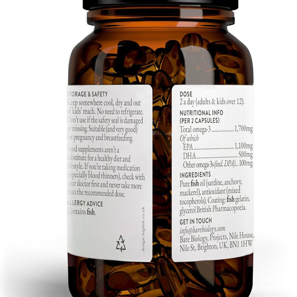 Bare Biology 1,700mg Omega-3 Super-Strength Fish Oil - Life & Soul Daily Omega 3 Capsules (1 Month Supply - 60 Capsules)