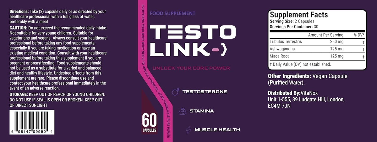 TestoLink Capsules - Natural Vitality & Energy Support Supplement for Men - Daily Wellness Formula - 60 Capsules, 1 Month Supply