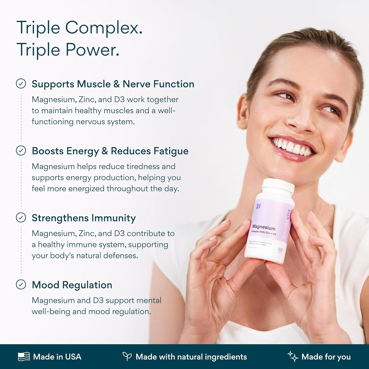 Magnesium Glycinate Complex with Citrate Malate Zinc & Vitamin D3 | High Absorption Pure Magnesium 225mg Supplement Chelated Formula for Muscle Relaxation, Sleep Support – 60 Capsules