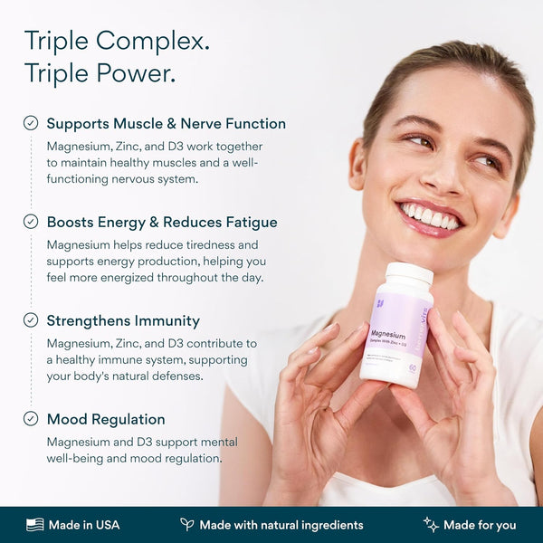 Magnesium Glycinate Complex with Citrate Malate Zinc & Vitamin D3 | High Absorption Pure Magnesium 225mg Supplement Chelated Formula for Muscle Relaxation, Sleep Support – 60 Capsules