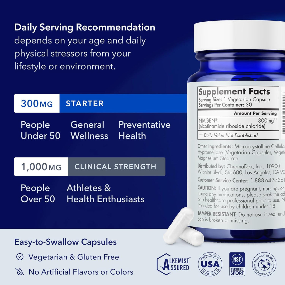 TRU NIAGEN Patented NAD+ Supplement, 300mg Niagen, 30 Servings | Nicotinamide Riboside (NR) Take 1 Daily | 1 Bottle