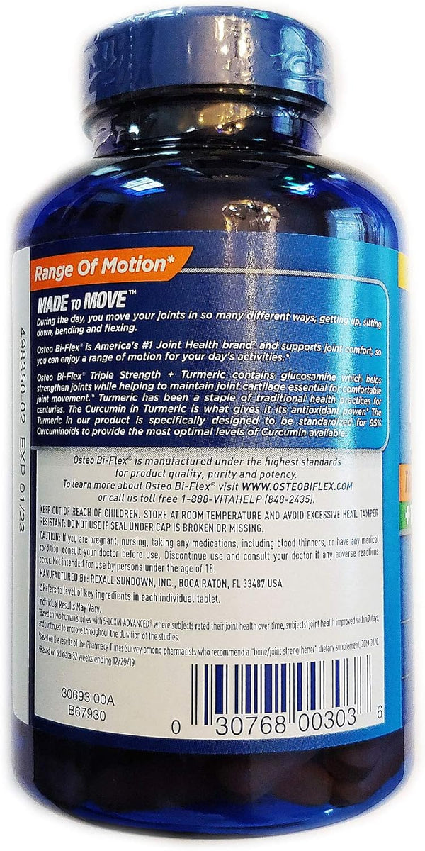 Osteo Bi-Flex, Triple Strength + Turmeric, 200 Tablets, with Glucosamine HCI and Turmeric Curcumin, Joint Supplement for Men and Women